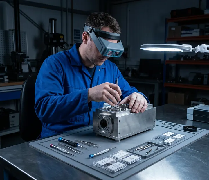 Técnico realizando manutenção de instrumento de precisão em bancada